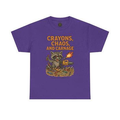Crayons, Chaos, and Carnage T-Shirt – Dark Humor Raccoon Graphic | Trash Cult Supply Co. | Gildan 5000 Tee