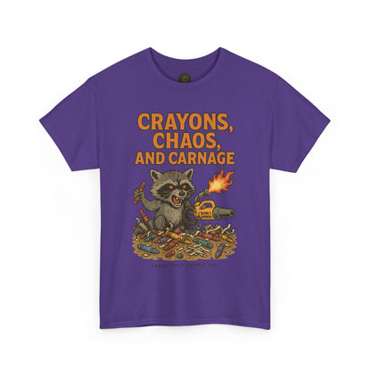 Crayons, Chaos, and Carnage T-Shirt – Dark Humor Raccoon Graphic | Trash Cult Supply Co. | Gildan 5000 Tee