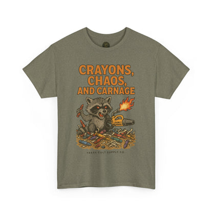 Crayons, Chaos, and Carnage T-Shirt – Dark Humor Raccoon Graphic | Trash Cult Supply Co. | Gildan 5000 Tee