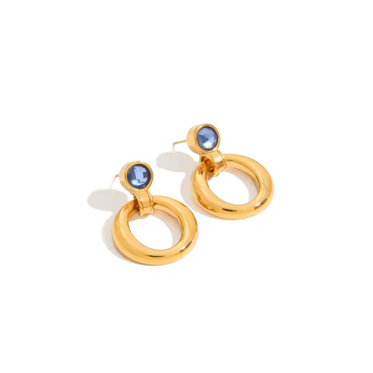 Blue Gem Loop Earrings - Gold Hoop Dangle Earrings - 18k Gold Plated Stainless Steel