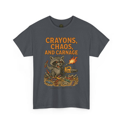 Crayons, Chaos, and Carnage T-Shirt – Dark Humor Raccoon Graphic | Trash Cult Supply Co. | Gildan 5000 Tee