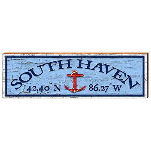 South Haven Anchor Blue Latitude Longitude | Wall Art Print on Real Wood
