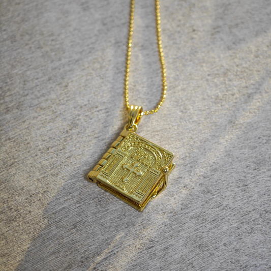The Lord's Prayer Necklace  (Bible Shaped)~ 14k Gold Plated