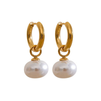 Chunky Pearl Drop Hoops - Stainless Steel