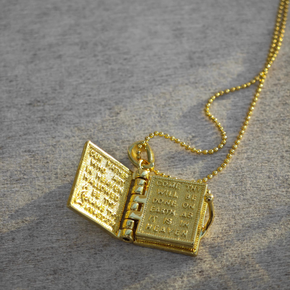 The Lord's Prayer Necklace  (Bible Shaped)~ 14k Gold Plated