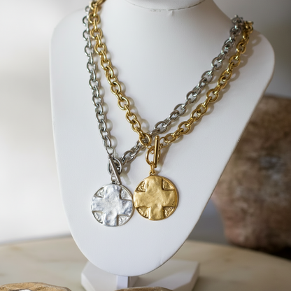 The Lord's Prayer Cross Medallion Toggle Necklace Gold or Silver