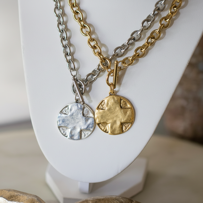 The Lord's Prayer Cross Medallion Toggle Necklace Gold or Silver