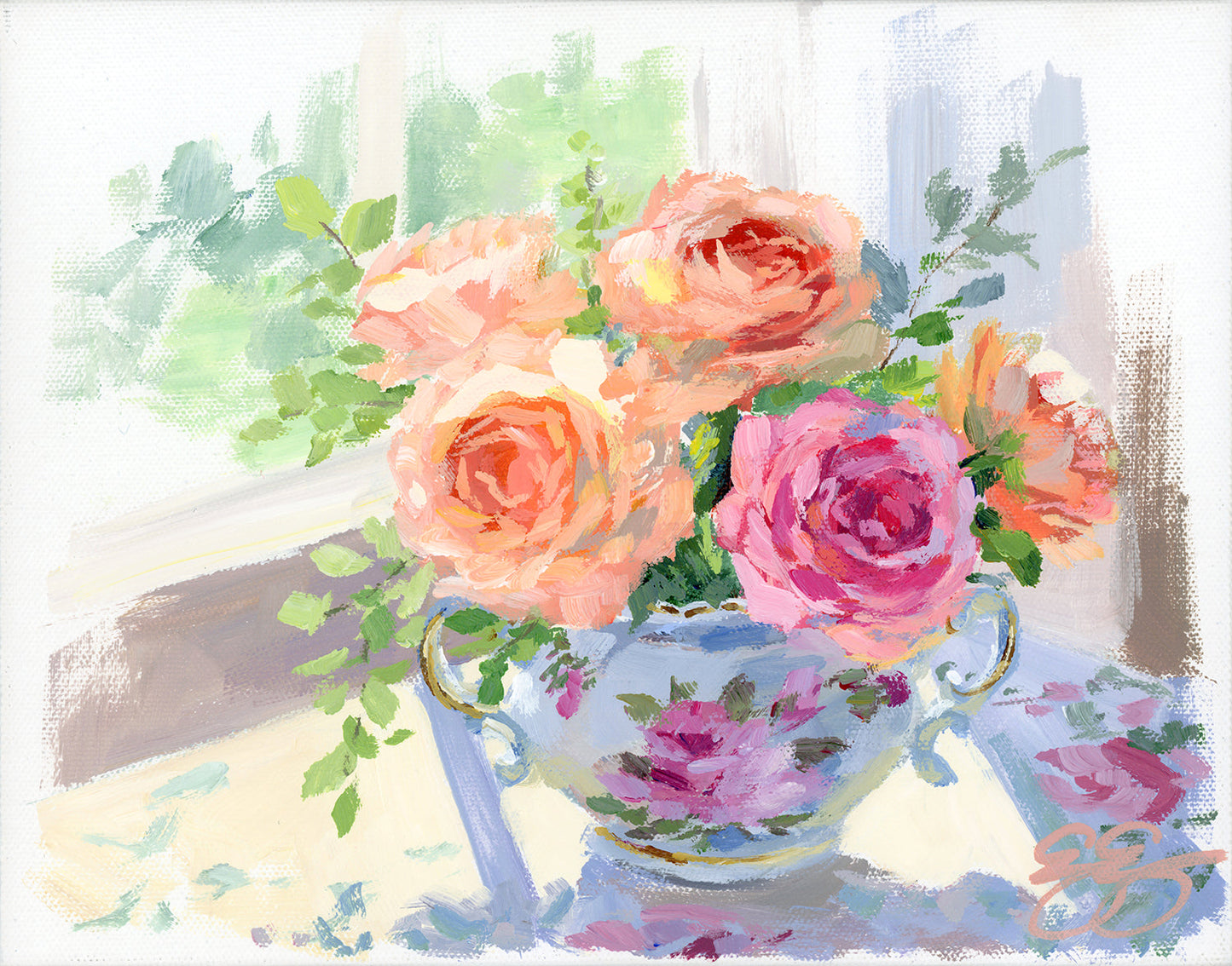 Roses in sugar bowl (No. 502) - 8 x 10 acrylic painting on canvas