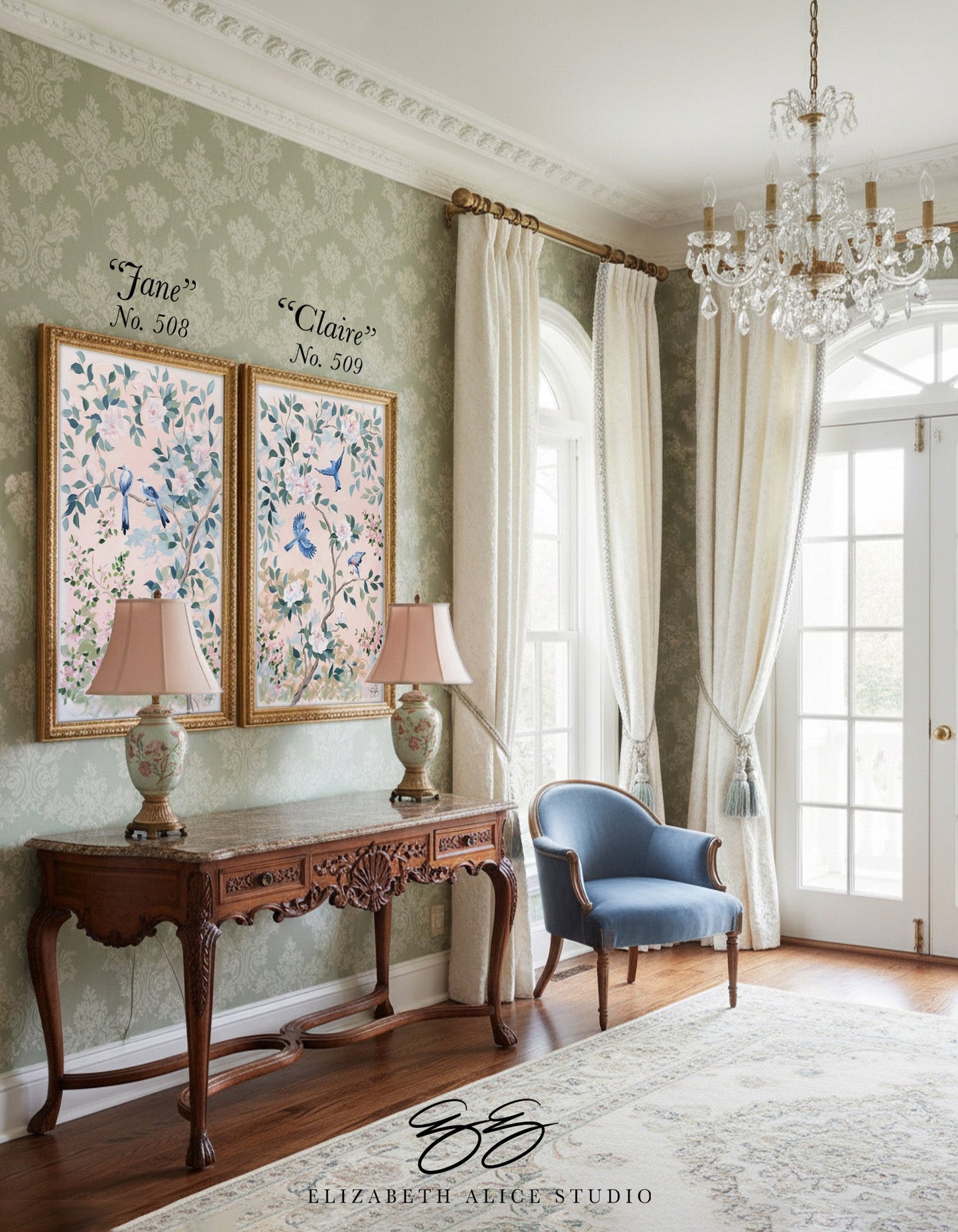 "Claire," Original blush pink chinoiserie painting with birds and flowers (No. 509) - 24 x 36