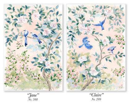 "Claire," Original blush pink chinoiserie painting with birds and flowers (No. 509) - 24 x 36