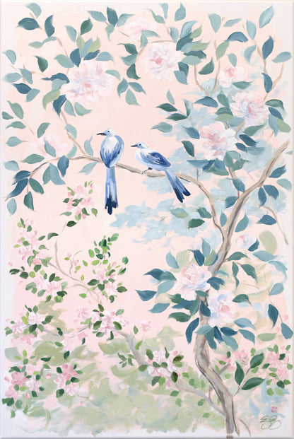 "Jane," Original blush pink chinoiserie painting with birds and flowers (No. 508) - 24 x 36