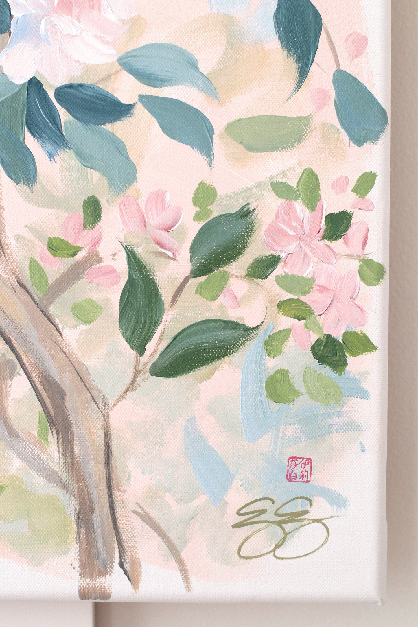 "Jane," Original blush pink chinoiserie painting with birds and flowers (No. 508) - 24 x 36