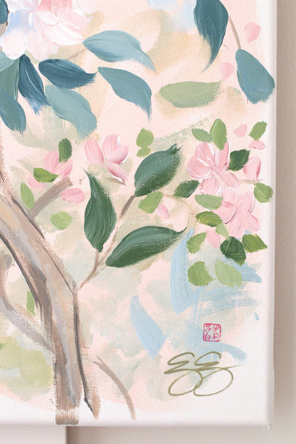"Jane," Original blush pink chinoiserie painting with birds and flowers (No. 508) - 24 x 36