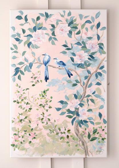 "Jane," Original blush pink chinoiserie painting with birds and flowers (No. 508) - 24 x 36
