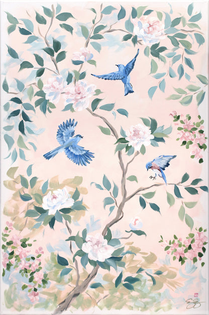 "Claire," Original blush pink chinoiserie painting with birds and flowers (No. 509) - 24 x 36