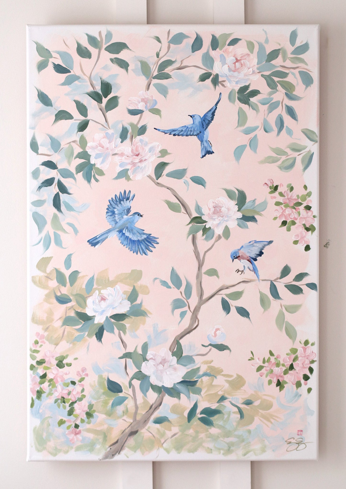 "Claire," Original blush pink chinoiserie painting with birds and flowers (No. 509) - 24 x 36