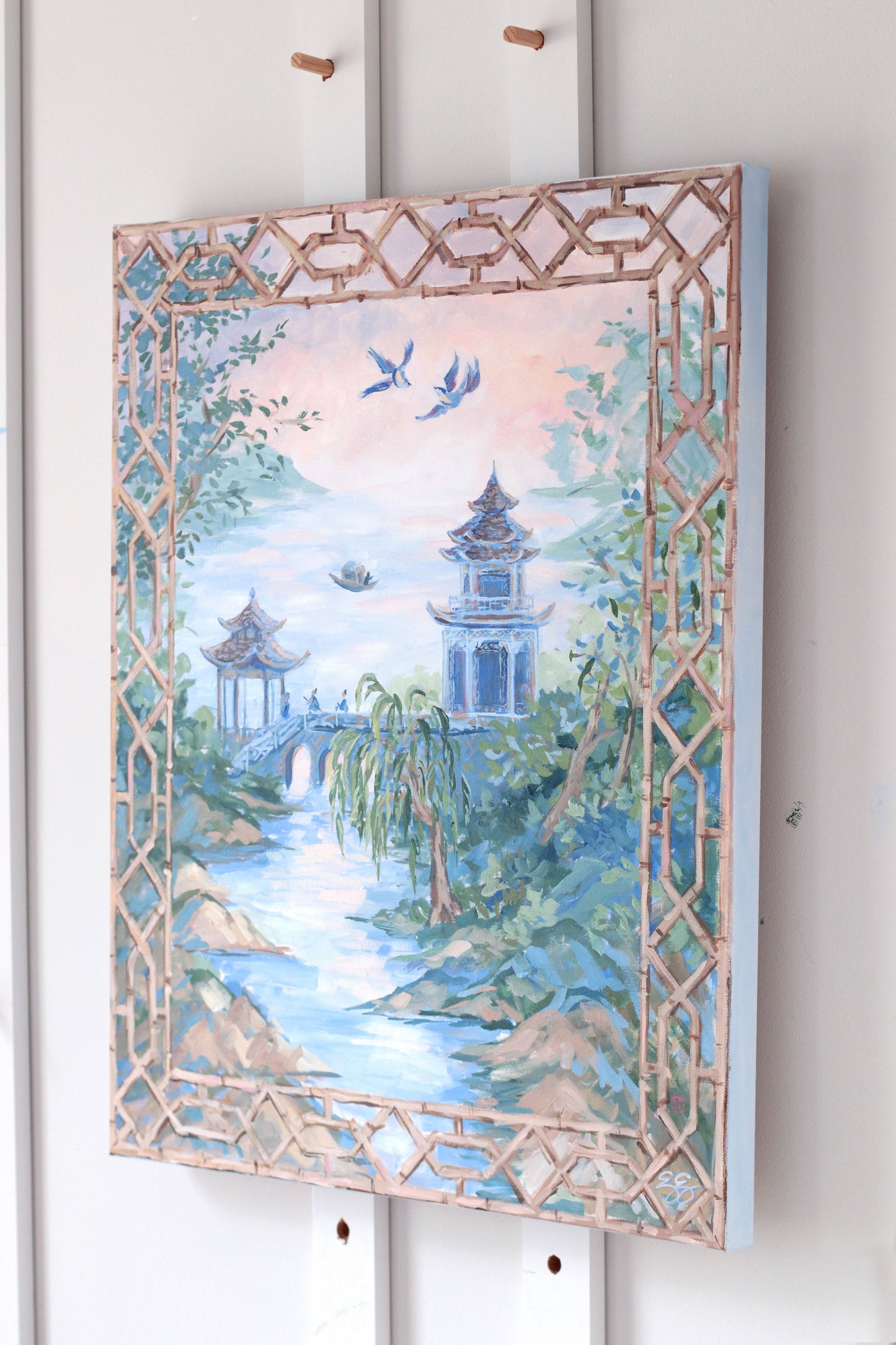 "Giselle," Original painting of Willow landscape with bamboo treillage frame (No. 510) - 24 x 30