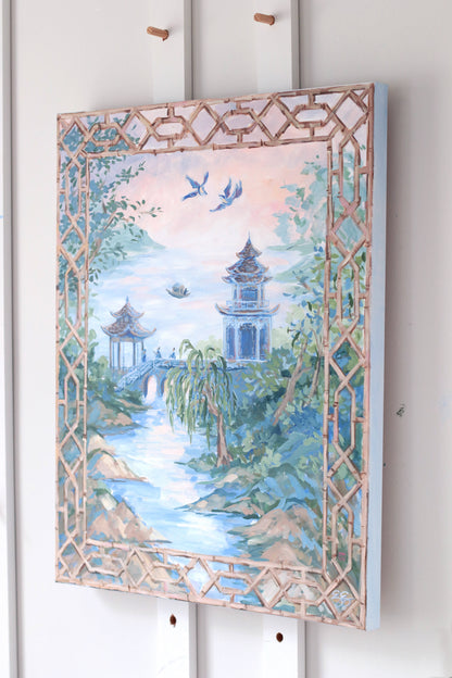"Giselle," Original painting of Willow landscape with bamboo treillage frame (No. 510) - 24 x 30