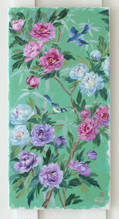 "Lena," Original green chinoiserie painting of birds and peonies (No. 511) - 12 x 24