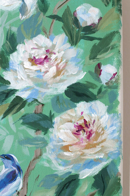 "Cecilia," Original green chinoiserie painting of peonies, azaleas, bird, and butterfly (No. 512) - 12 x 24