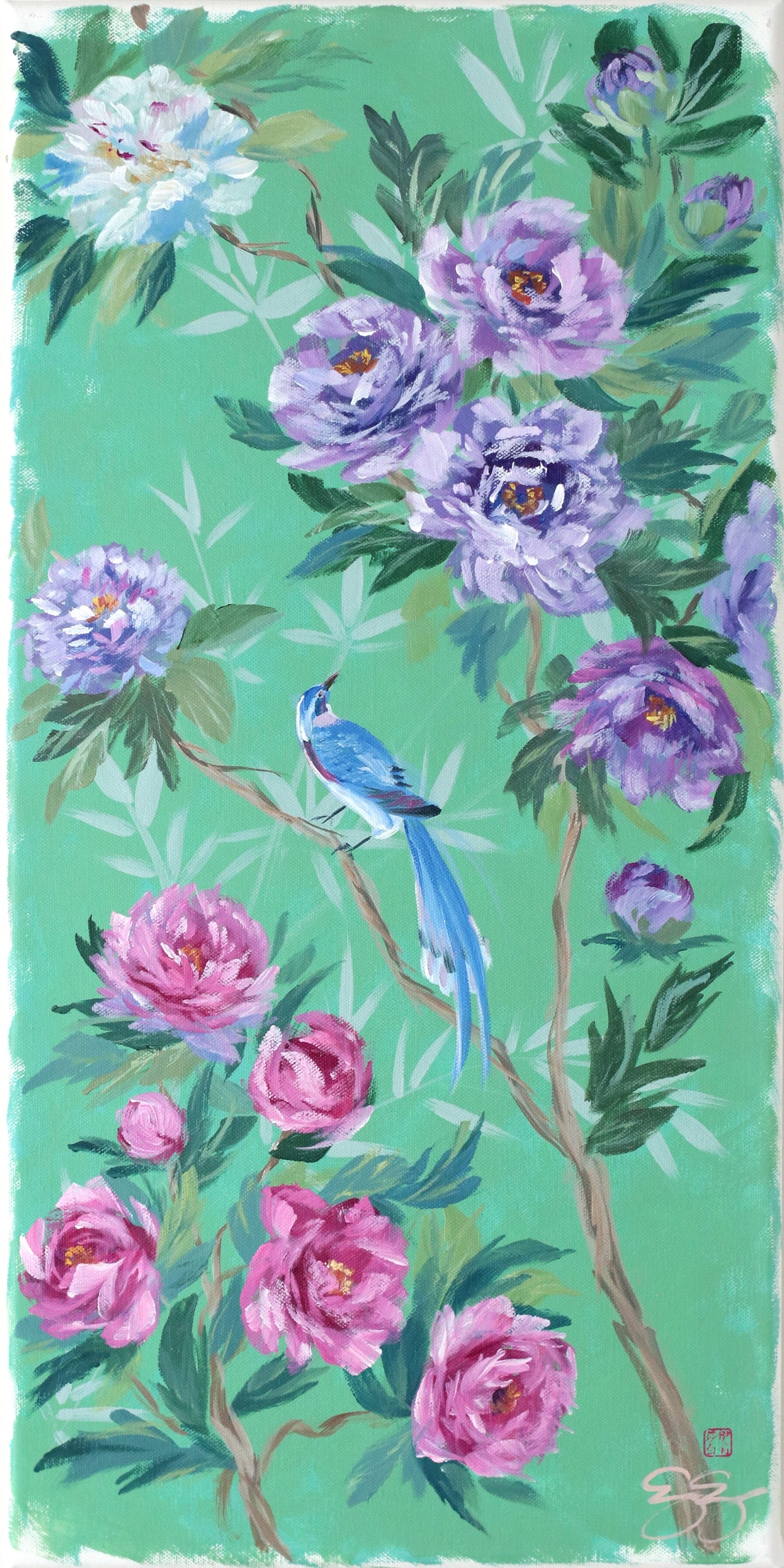 "Lily," Original green chinoiserie painting of peonies and blue bird (No. 513) - 12 x 24
