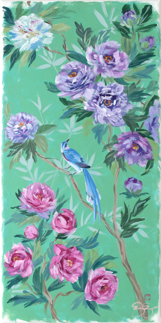 "Lily," Original green chinoiserie painting of peonies and blue bird (No. 513) - 12 x 24