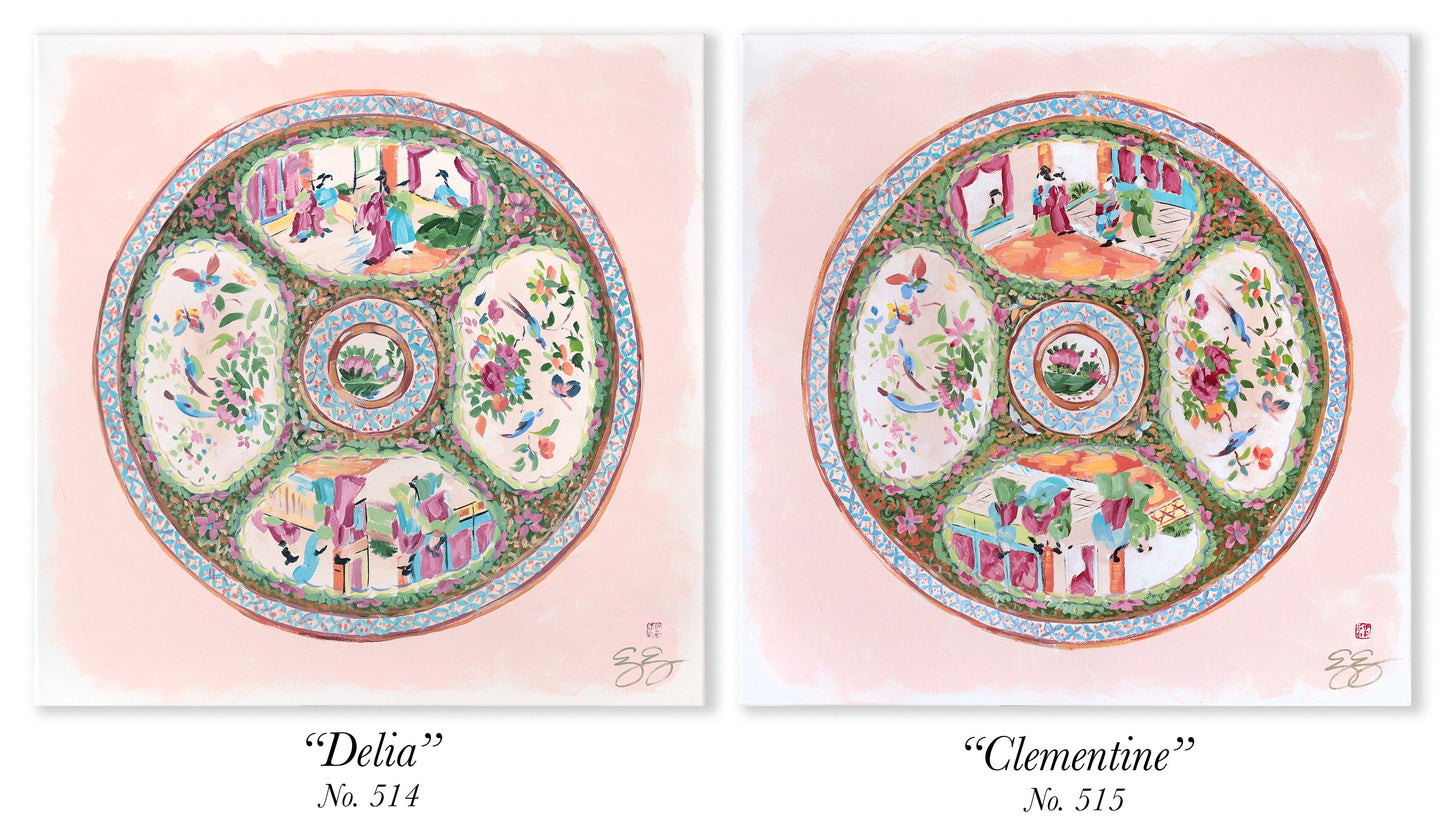 "Delia," Original painting of chinoiserie Rose Medallion plate (No. 514) - 20 x 20