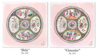 "Delia," Original painting of chinoiserie Rose Medallion plate (No. 514) - 20 x 20