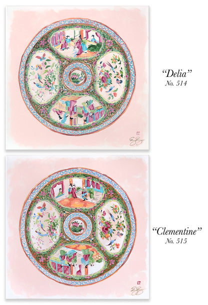 "Delia," Original painting of chinoiserie Rose Medallion plate (No. 514) - 20 x 20