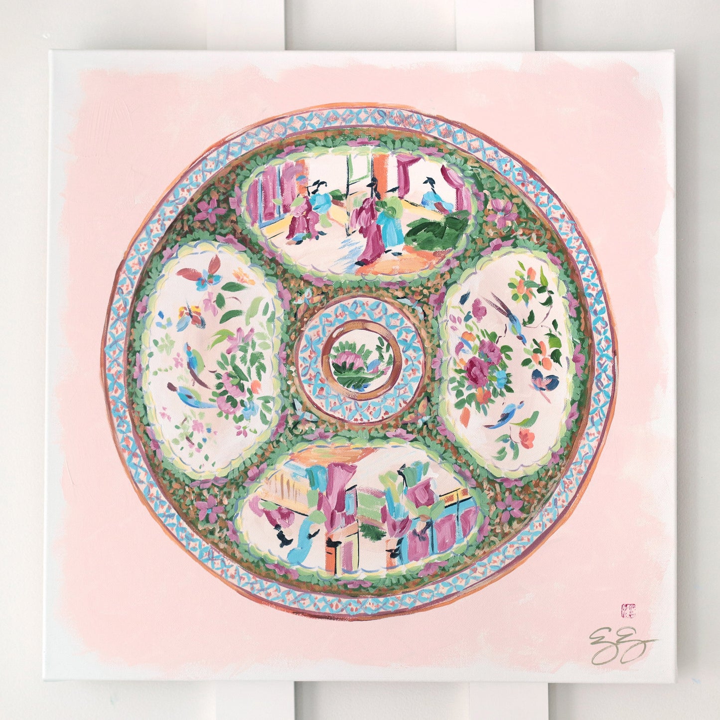 "Delia," Original painting of chinoiserie Rose Medallion plate (No. 514) - 20 x 20