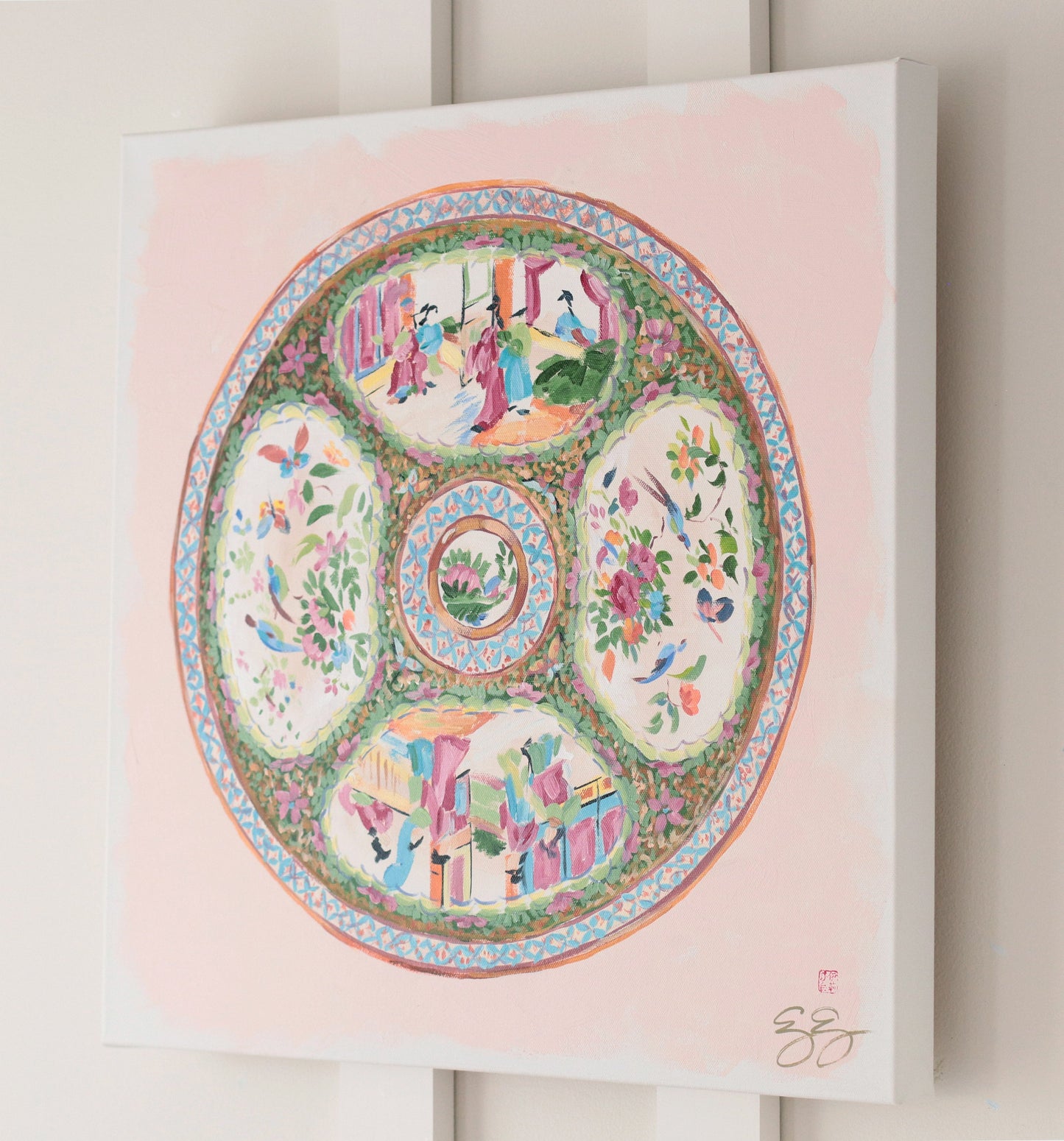"Delia," Original painting of chinoiserie Rose Medallion plate (No. 514) - 20 x 20
