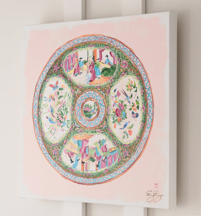 "Delia," Original painting of chinoiserie Rose Medallion plate (No. 514) - 20 x 20