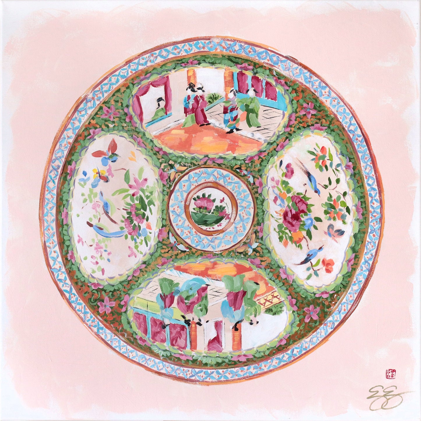 "Clementine," Original painting of chinoiserie Rose Medallion plate (No. 515) - 20 x 20