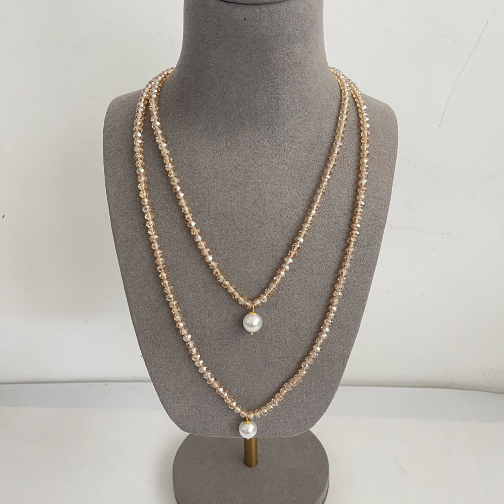 Double Pearl Crystal Strand Necklace