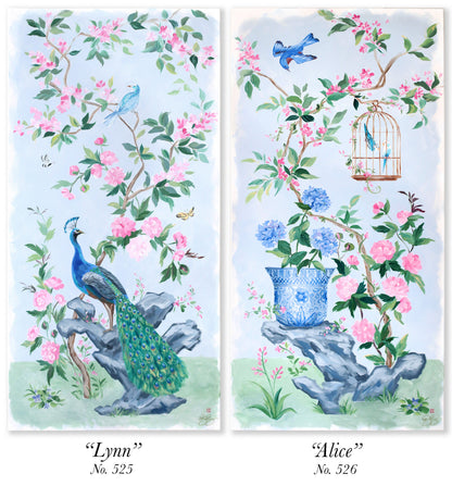 "Lynn," Original blue and pink chinoiserie painting with peacock (No. 525) - 24 x 48