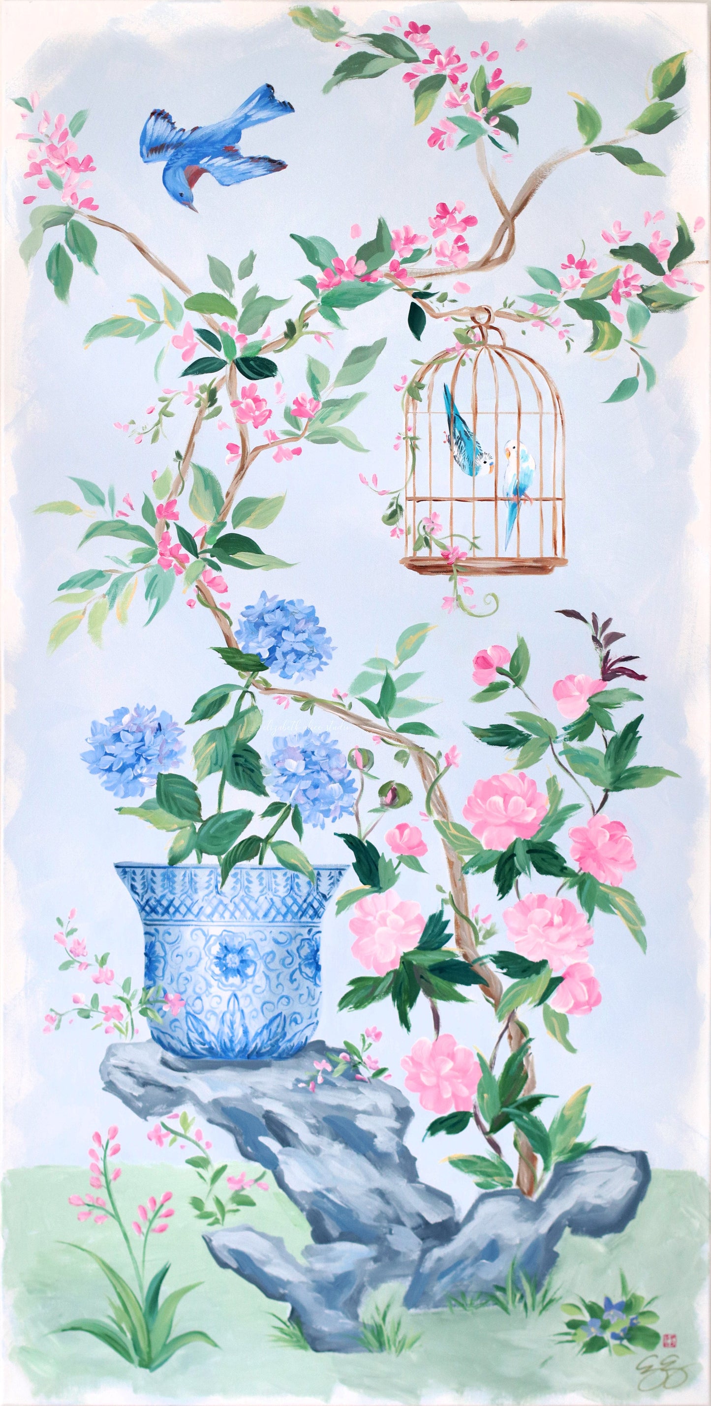 "Alice," Original blue and pink chinoiserie painting with bird cage and hydrangea (No. 526) - 24 x 48