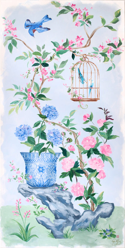"Alice," Original blue and pink chinoiserie painting with bird cage and hydrangea (No. 526) - 24 x 48