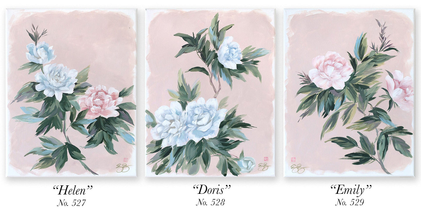 "Emily," Original pink-tan chinoiserie peony painting (No. 529) - 14 x 18