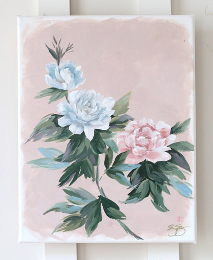 "Helen," Original pink-tan chinoiserie peony painting (No. 527) - 14 x 18