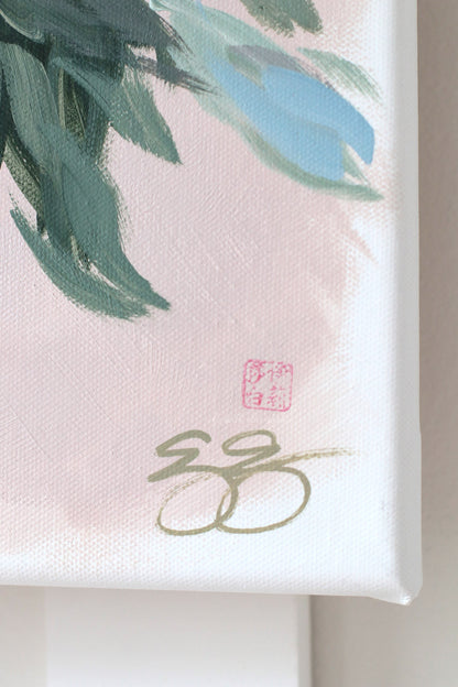 "Helen," Original pink-tan chinoiserie peony painting (No. 527) - 14 x 18