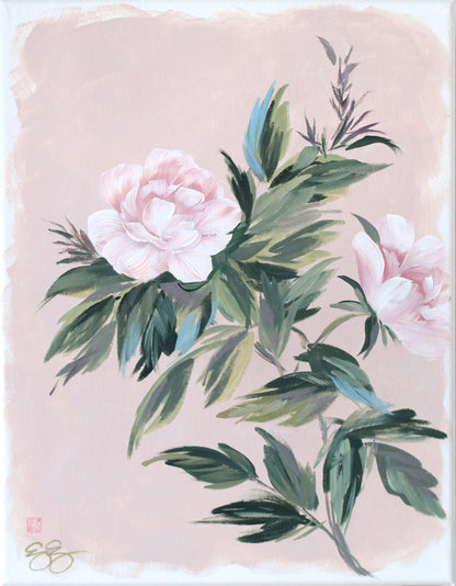 "Emily," Original pink-tan chinoiserie peony painting (No. 529) - 14 x 18
