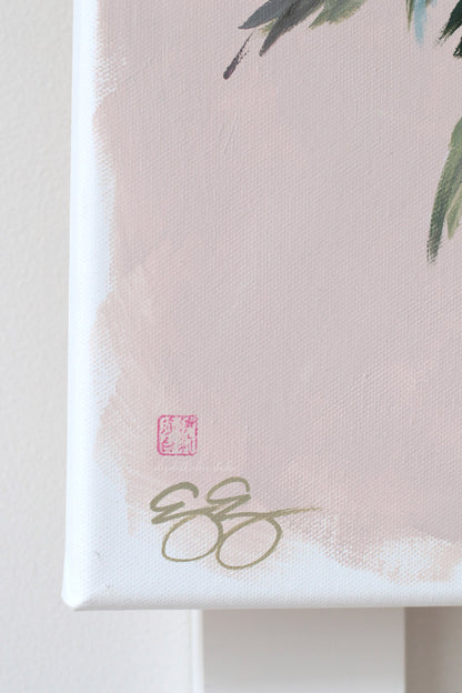 "Emily," Original pink-tan chinoiserie peony painting (No. 529) - 14 x 18