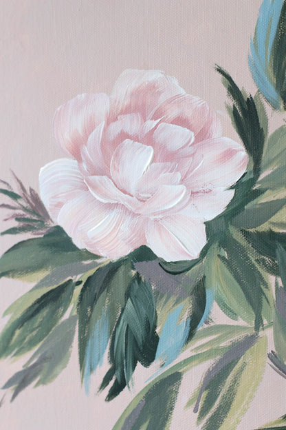 "Emily," Original pink-tan chinoiserie peony painting (No. 529) - 14 x 18