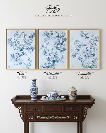 "Michelle," Original chinoiserie painting of blue and white tree peonies (No. 533) - 18 x 24