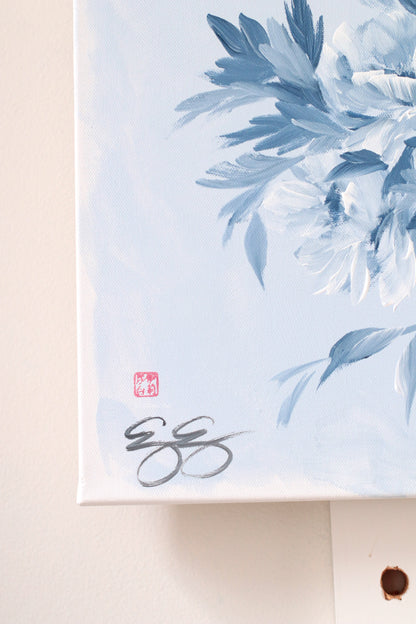 "Ida," Original chinoiserie painting of blue and white tree peonies (No. 532) - 18 x 24