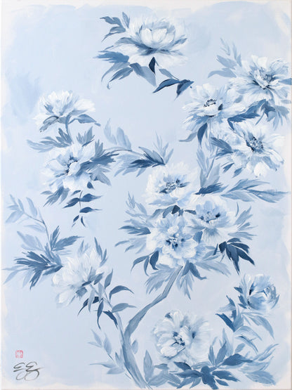 "Danielle," Original chinoiserie painting of blue and white tree peonies (No. 534) - 18 x 24