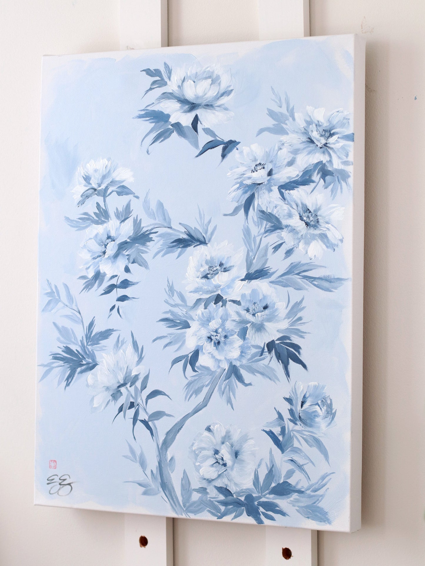 "Danielle," Original chinoiserie painting of blue and white tree peonies (No. 534) - 18 x 24