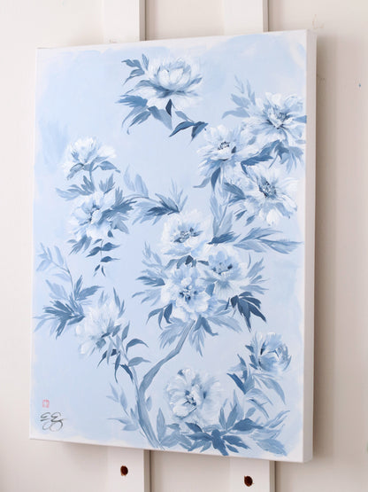 "Danielle," Original chinoiserie painting of blue and white tree peonies (No. 534) - 18 x 24