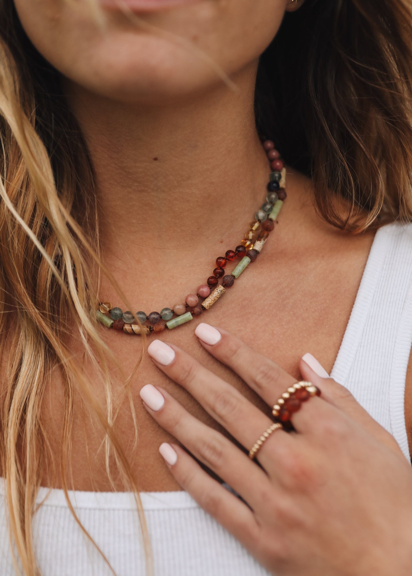 Raw Cognac Baltic Sea Amber + Green Jade + Striped Agate || Necklace