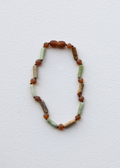 Raw Cognac Baltic Sea Amber + Green Jade + Striped Agate || Necklace
